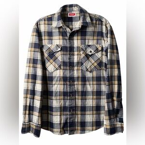 Wrangler Plaid Button Up Shirt Men’s L/G Navy Beige Flannel Style Long Sleeve